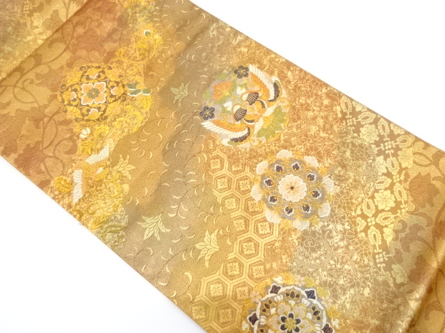 JAPANESE KIMONO / VINTAGE FUKURO OBI / SILK / WOVEN BIRDS & MICHINAGADORI